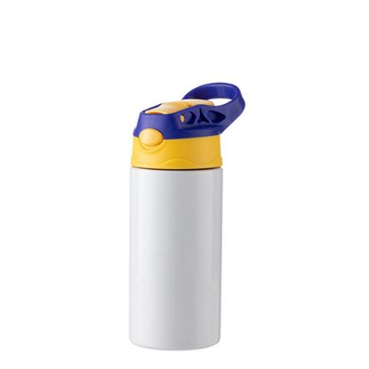 Picture of Kids Bottle (360ml) WHITE Blue/Yellow Cap with Silicone Straw